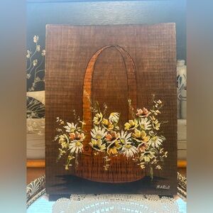 Hand-Painted Floral Basket Wood Wall Hanging